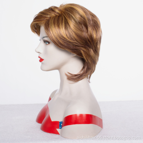Wholesale natural  stort mix golden and  brown fibre synthetic hair wigs for women